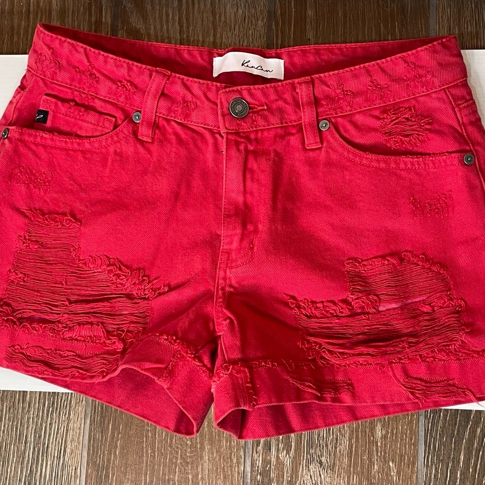 Red Distressed Denim Shorts